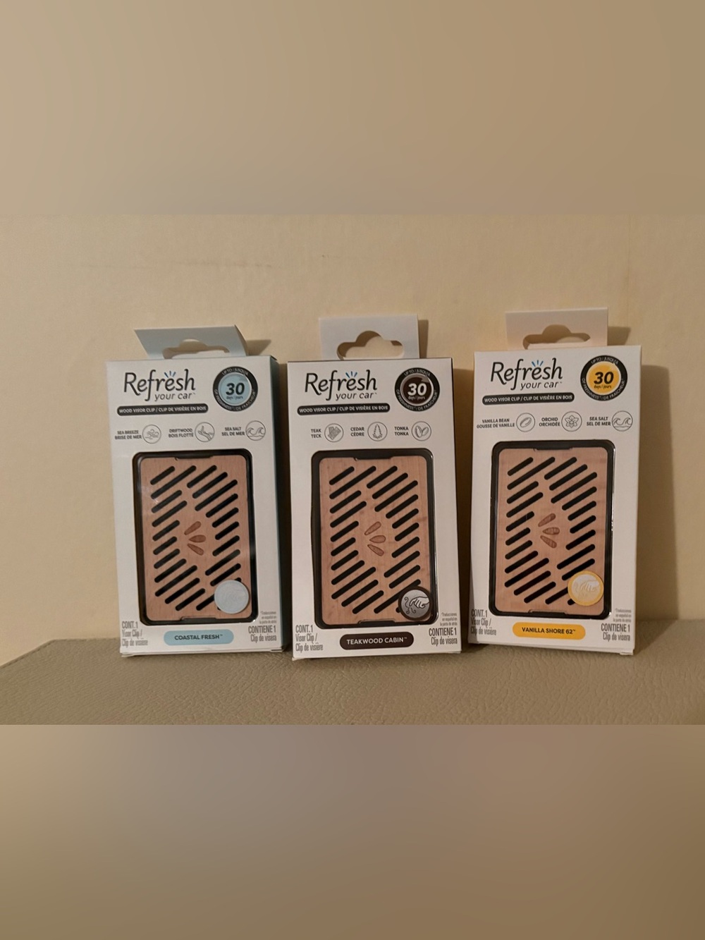 3 new Refresh Your Car Air Fresheners-coastal fresh teakwood cabin vanilla shore